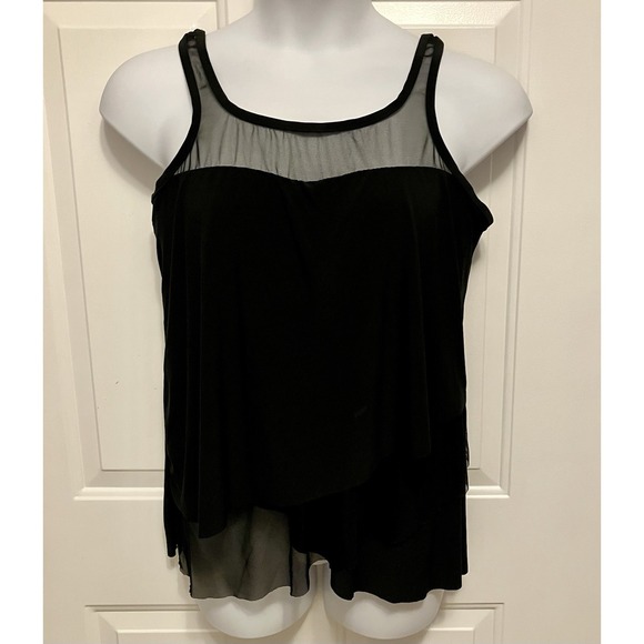 Women's Miraclesuit Tankini Top Mirage Sz 16 Black Sheer Mesh Layered Swimsuit - Picture 1 of 5